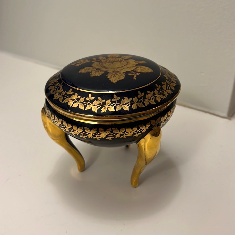 Vintage Limoges Navy Blue & Gold Trinket Dish with Lid